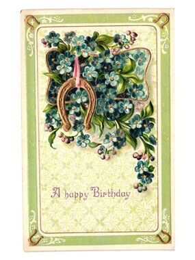 Antique Germany Printed Birthday Postcard Horseshoe Forget Me Nots Embossed